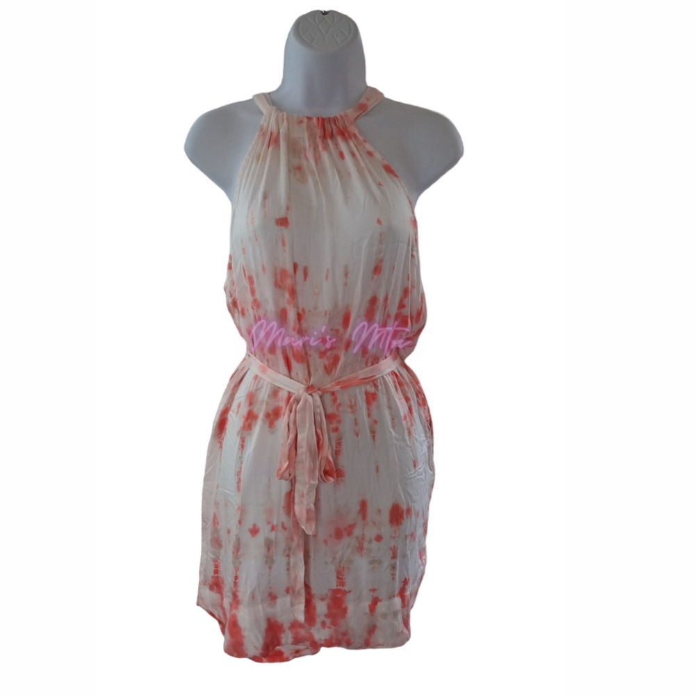NWT Gypsy 05 Peach Red Pink Tie Dye High Neck Belted Mini Summer Dress